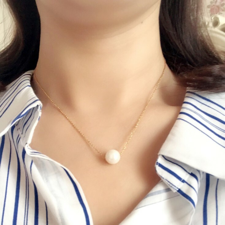 925 Sterling Silver Floating 10mm Natural Shell Pearl Pendant Necklace 18″ PE33