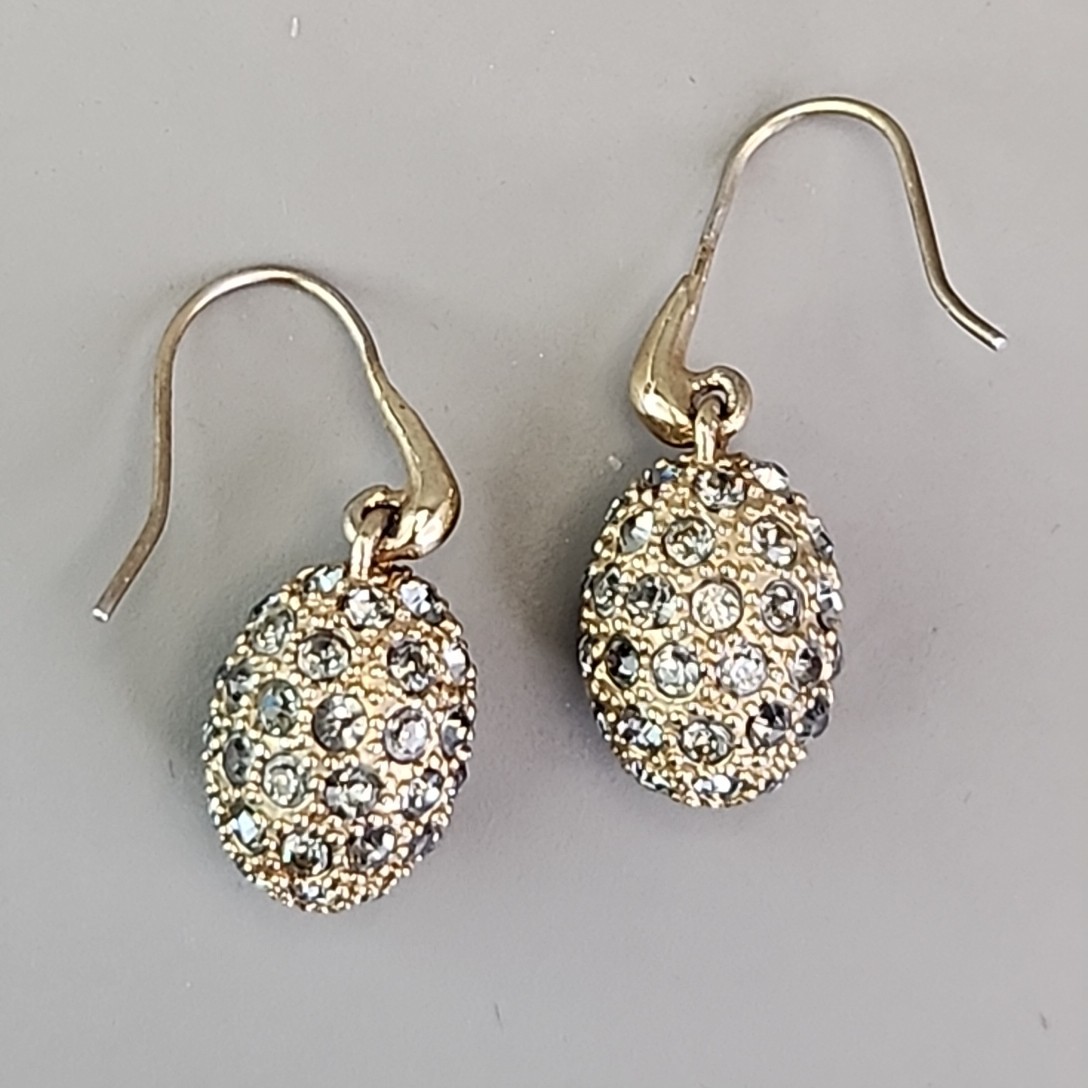 Rhinestone Egg Pierced Earrings Clear Pave Dangle Gold Tone 1″