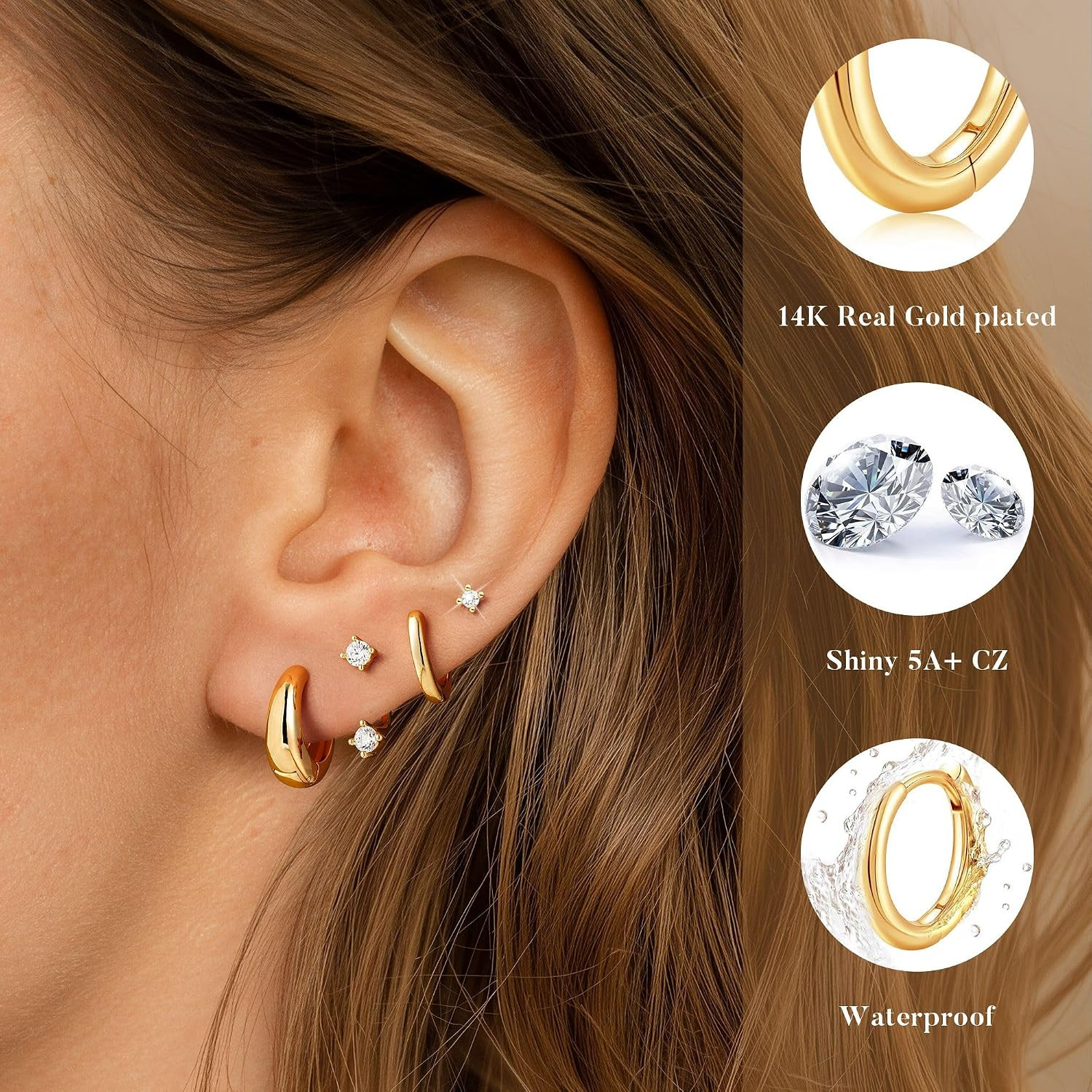 14K Gold Plated Hoop Earring Set, Hypoallergenic Flat Back Stud Earrings Stack S