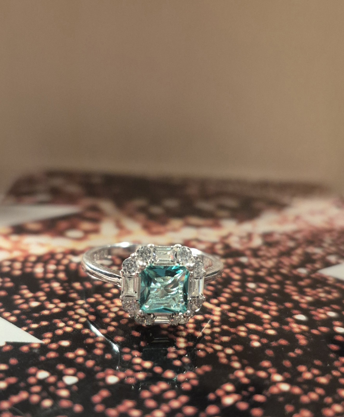 925 Sterling Silver Aqua Stone Princess Cut Ring Size 8