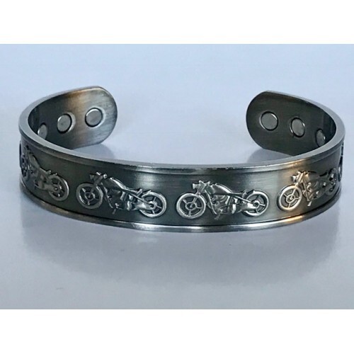Men Women 🏍Magnetic Bracelet MOTORCYCLES Silver Tone Cuff Arthritis Therapy #3