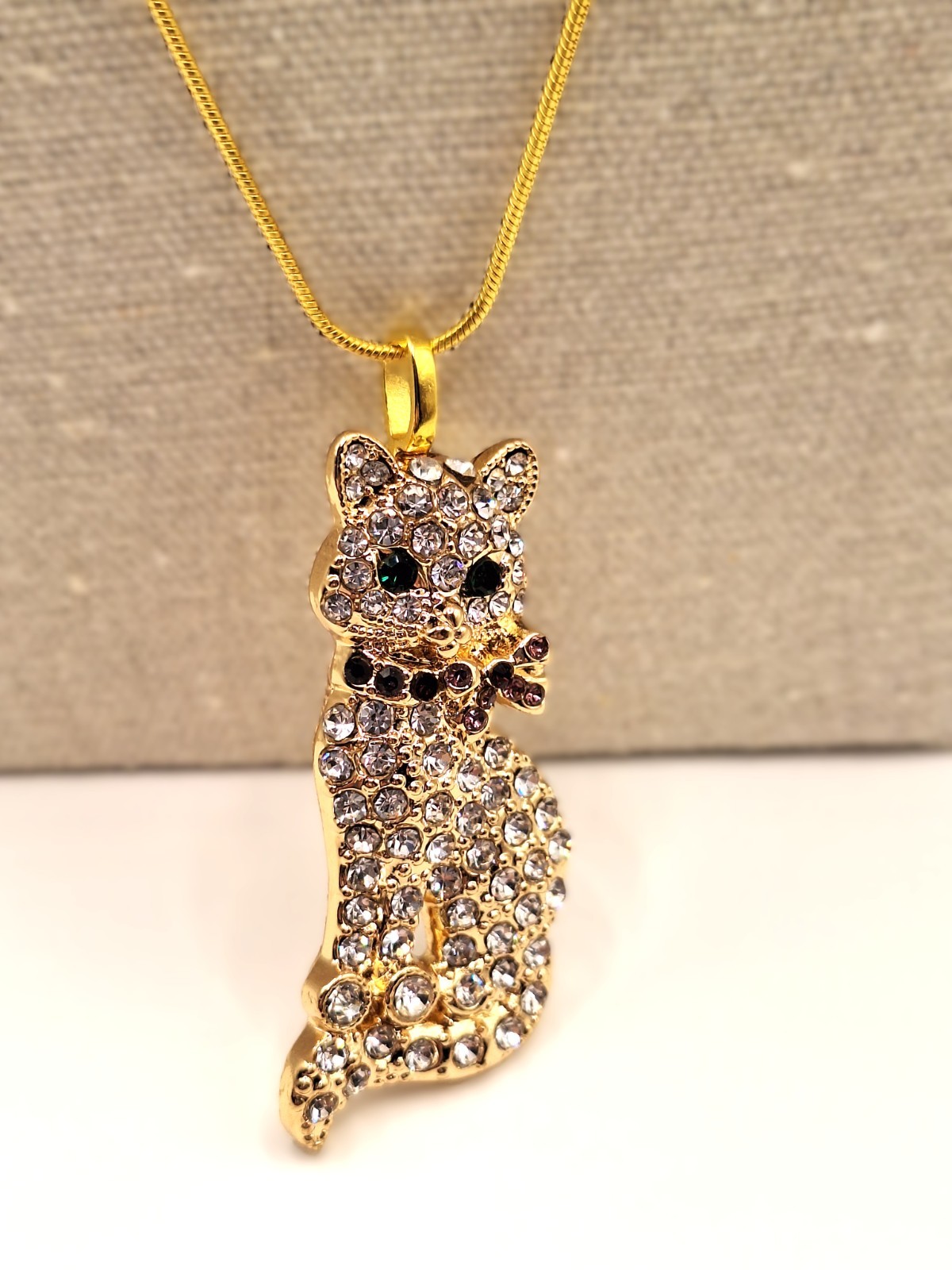 Monet Sparkly Rhinestone Cat Pendant on 18KGP Snake Chain – Refurbished