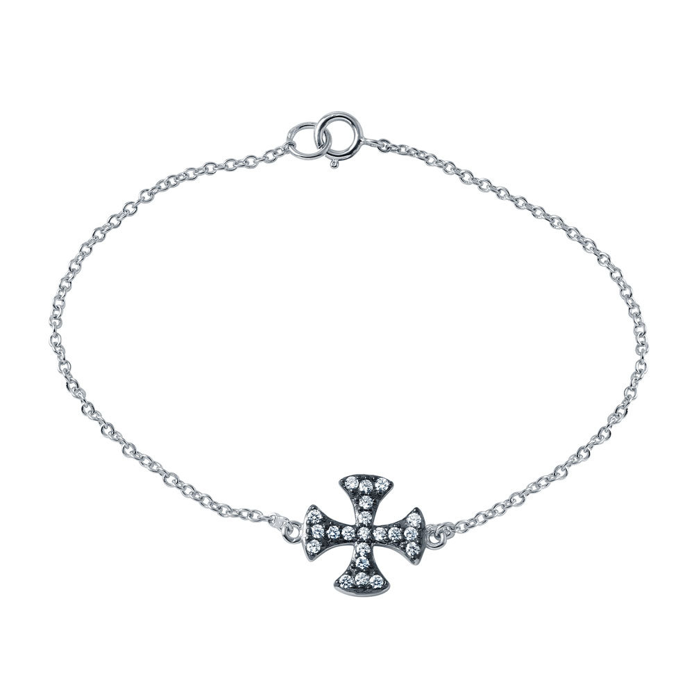 925 STERLING SILVER IRON CROSS BRACELET LAB CREATED DIAMONDS/ 8”/STUNNING!!!
