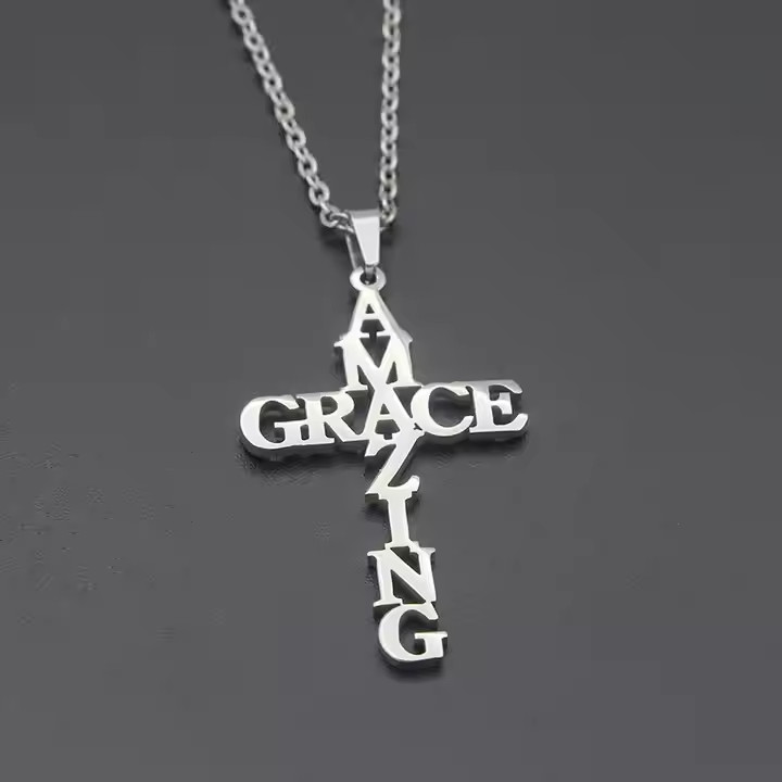 Stainless Steel Amazing Grace Cross Necklace – Silver, Christian Faith, Church