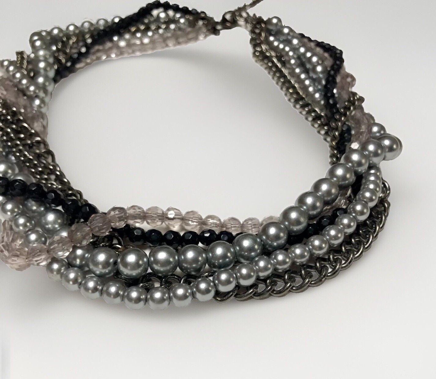 Premier Designs Necklace Black Gray Bead Faux Pearl Multi Strand String Chain