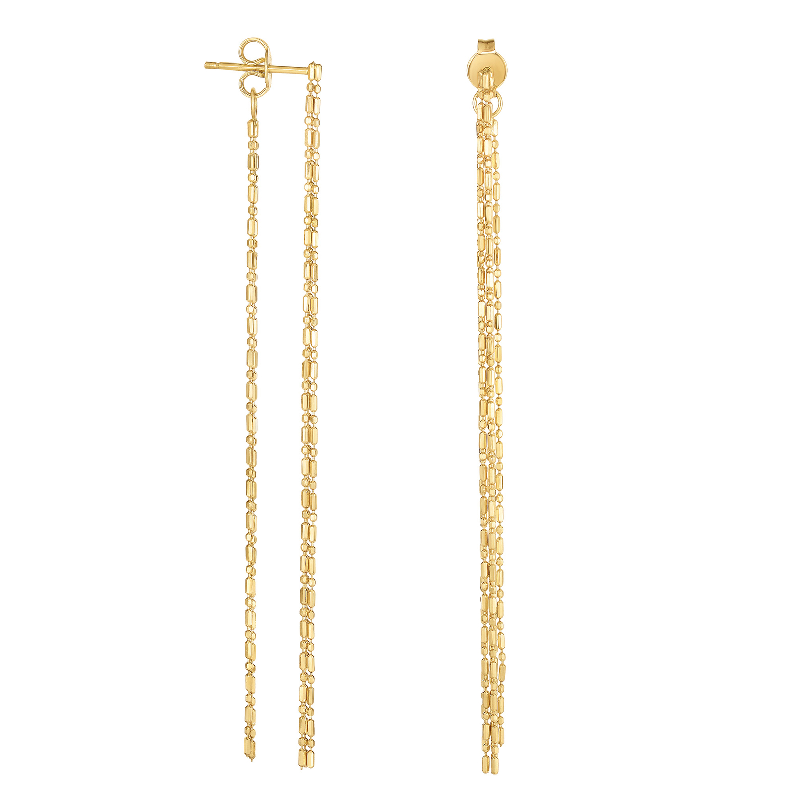 14k Yellow Real Gold Diamond Cut Bead Chain Front And Back Style Drop Earrings