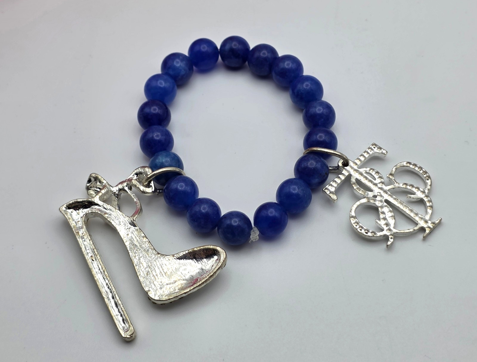 Natural Blue Stone Beaded Stretch Bracelet AB Crystal Pump Shoe Charm 6 In