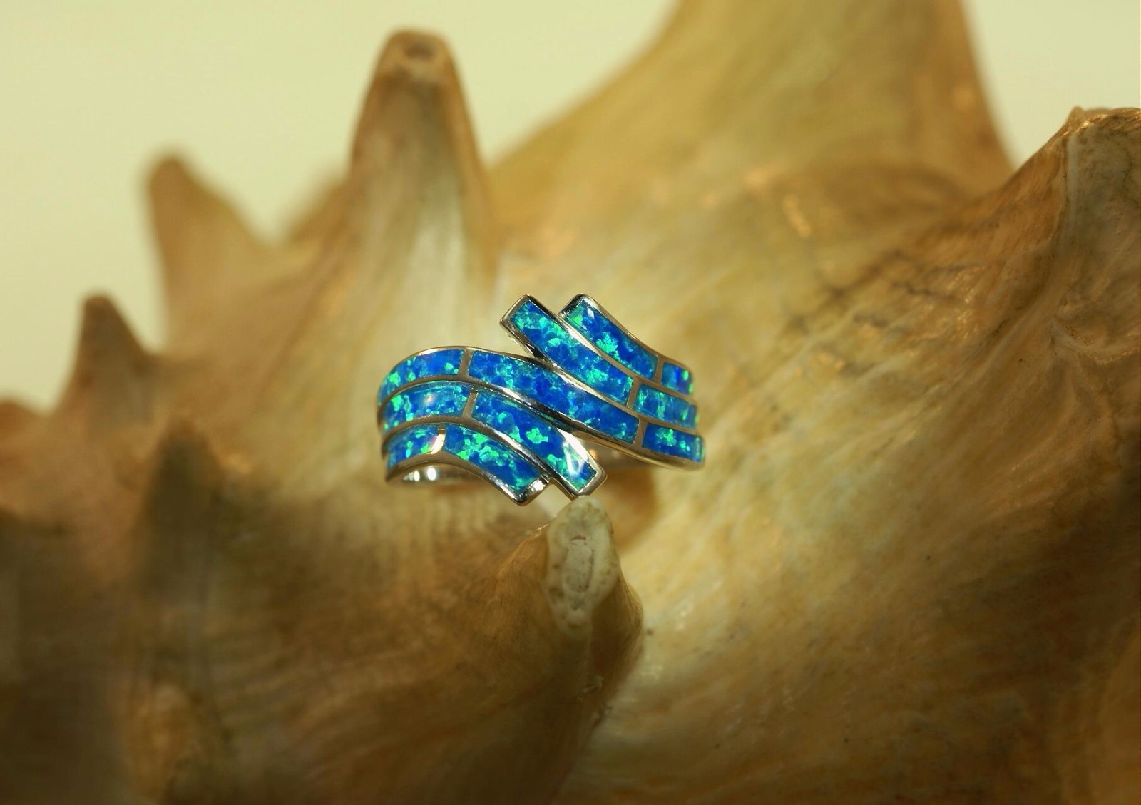 15MM HAWAIIAN RHODIUM ON 925 SILVER INLAID OPAL BREAKING OCEAN WAVE RING 5-10 #2