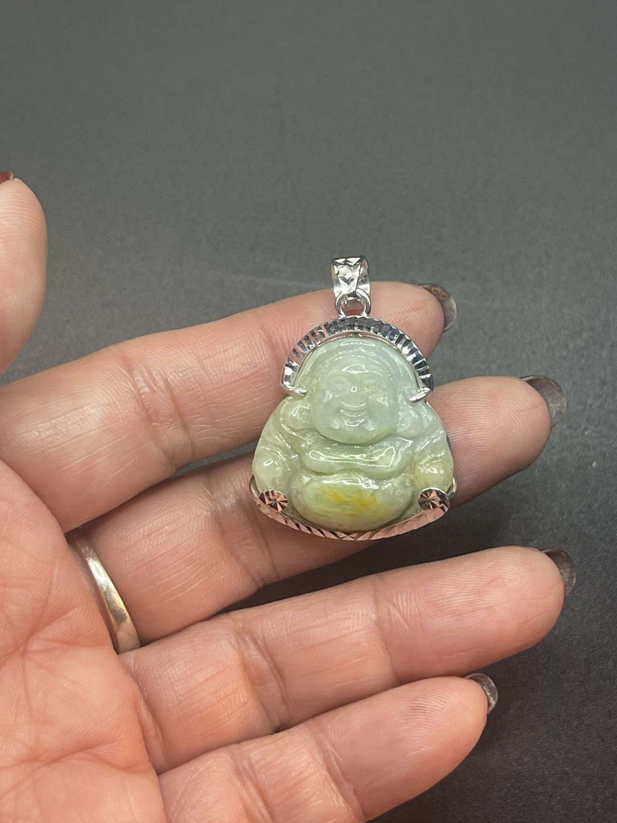 Maitreya Laughing Buddha 100% Natural Jade with Silver . Hand sculpted.No Dyed.