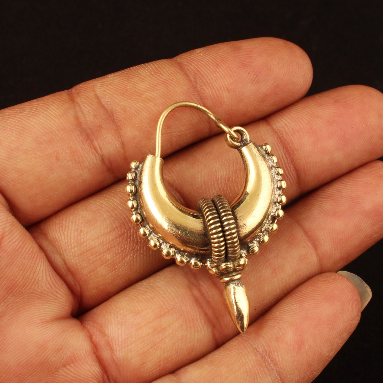 Gold Plated Tribal Hoop Earrings for Women, Boho Crescent Hoop Dangle Earring
