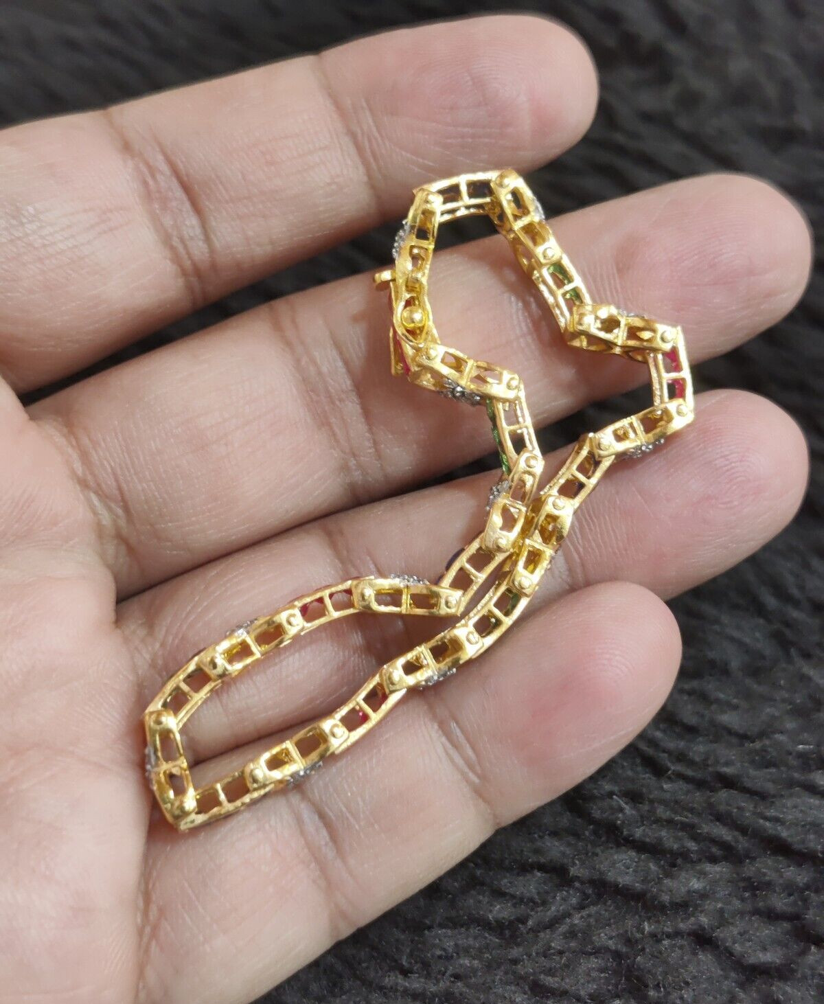 14K Yellow Gold Plated Simulated Ruby Sapphire, Emerald&Diamond Tennis Bracelet