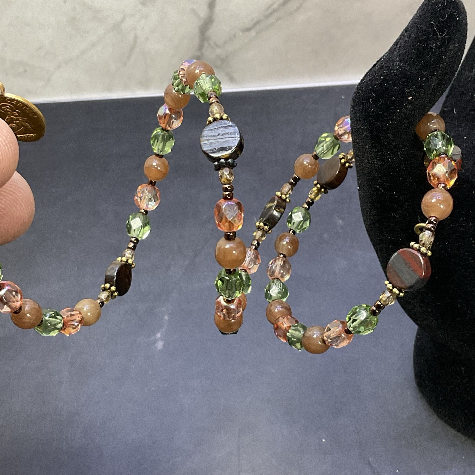 Rosary Wrap Beaded Bracelet Memory Wire Golden Cross Charm Green Orange Beads