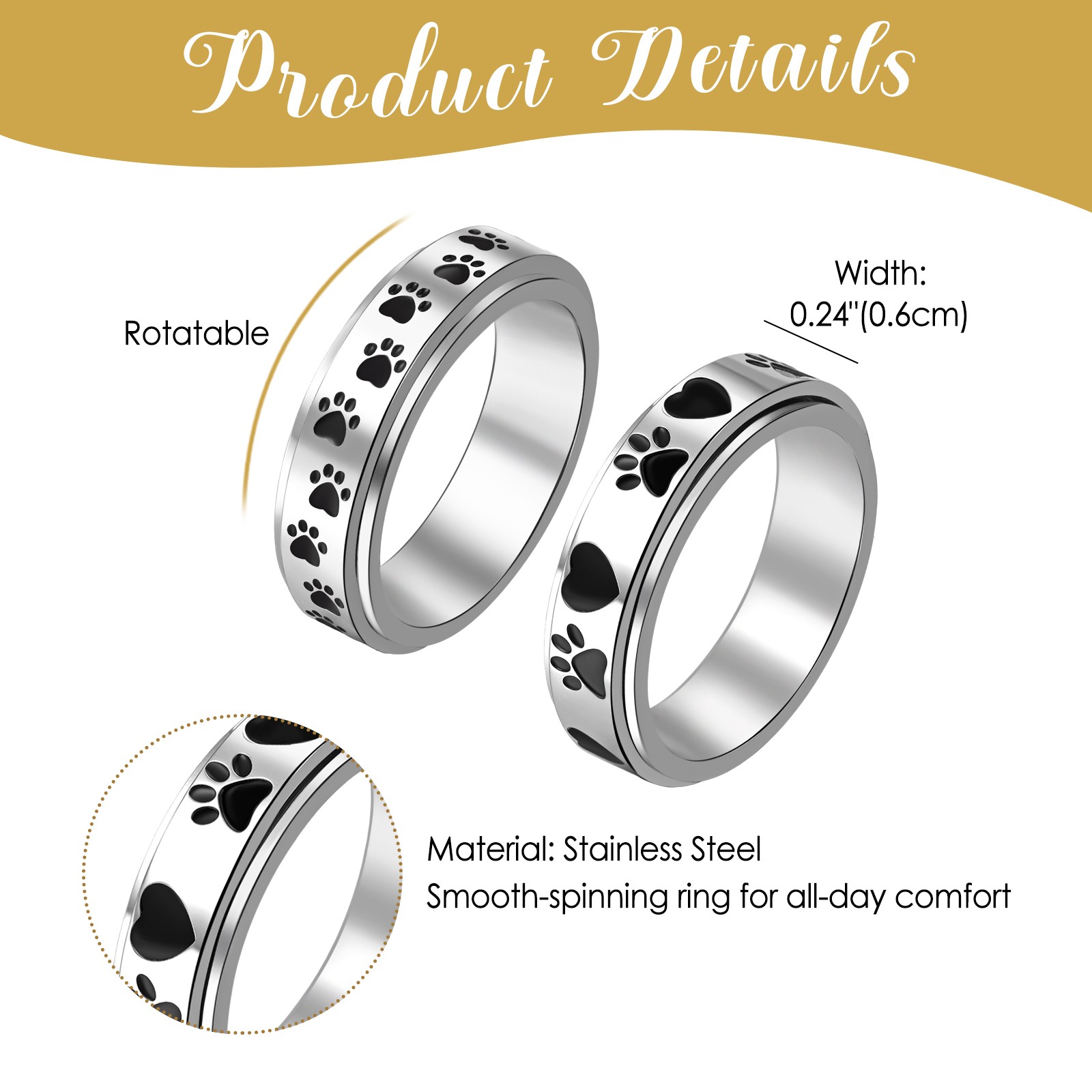 Womens Pet Paw Print Stainless Steel Anxiety Spinning Ring Pet Lover Gift Ideal