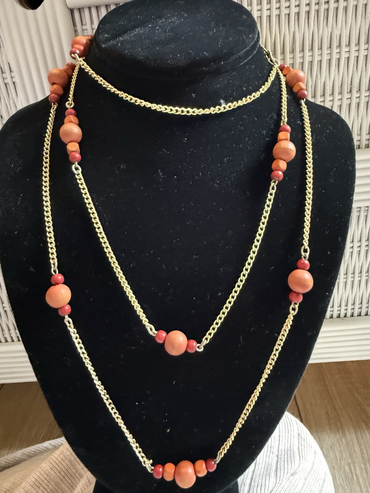 Layered Gold Tone Cable Chain Beaded Necklace Round Multicolor Beads
