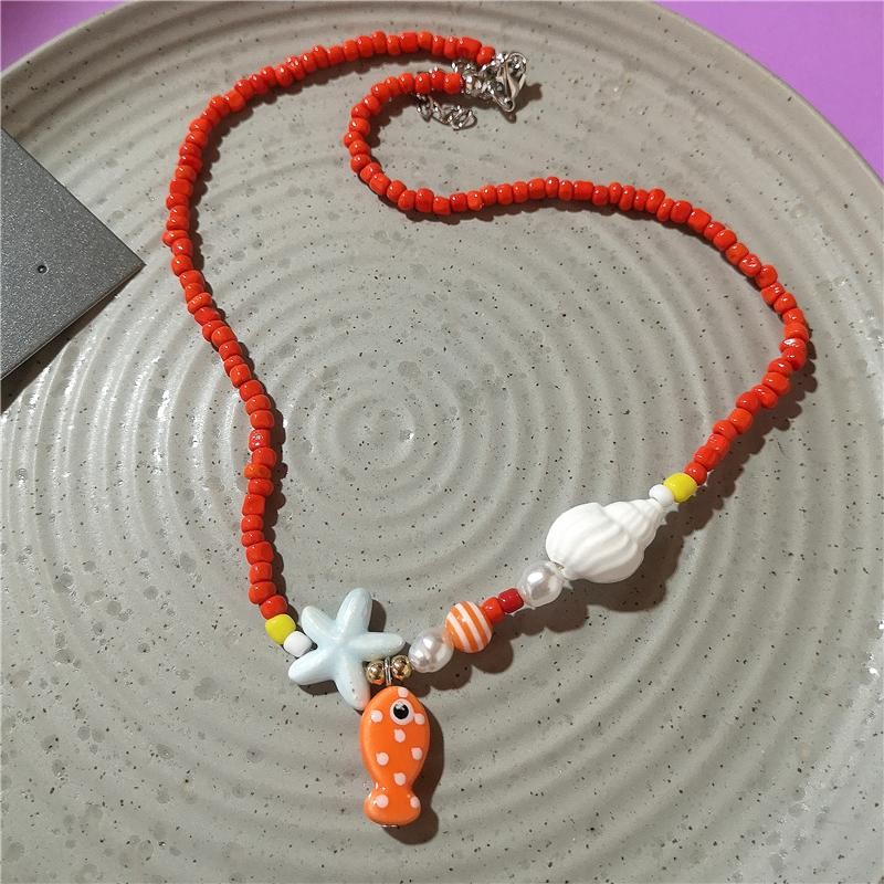 Orange Ceramic Fish Starfish Pendant Beaded Choker Necklace Boho Vacation