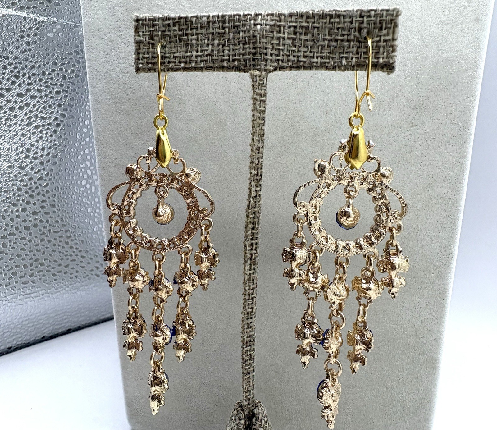 Gold Tone Light & Dark Saphire Colored Crystal Pave Chandelier Pierced Earrings