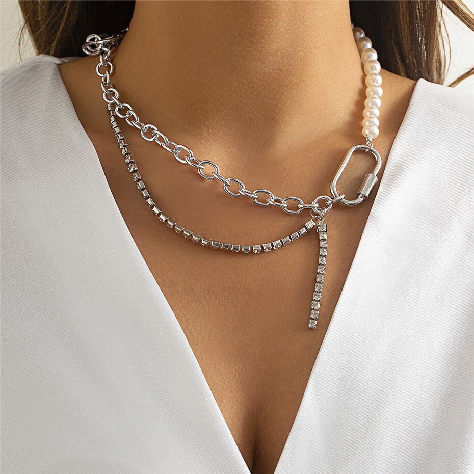 Asymmetric Fake Pearl Aluminum Alloy Choker Tennis Necklace Fashion Jewelry Wear