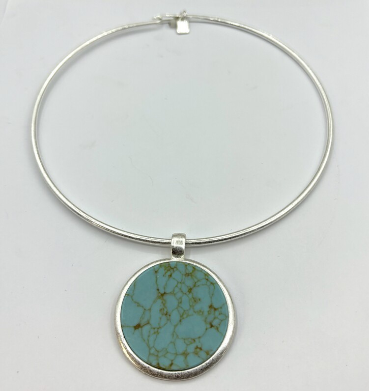 Robert Lee Morris Soho Turquoise Disc Pendant Statement Wire Collar Necklace