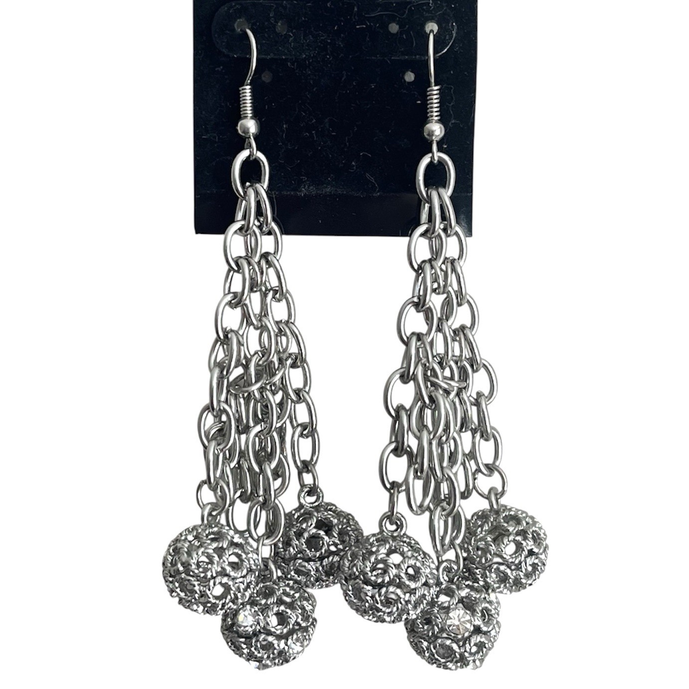 Dangle Earrings Silver Tone Chains Openwork Filigree Balls Fashion Jewelry 3.5in