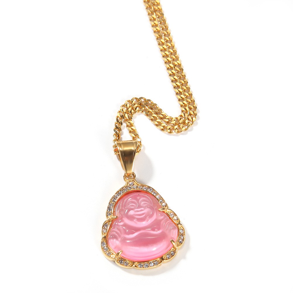 Hip Hop Stainless Steel Maitreya Buddha Pendant Necklace with Rhinestone Jewelry