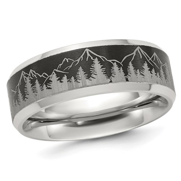 8mm Titanium Ring with Engraved Mountain Forest Scene Brushed & Polished Band