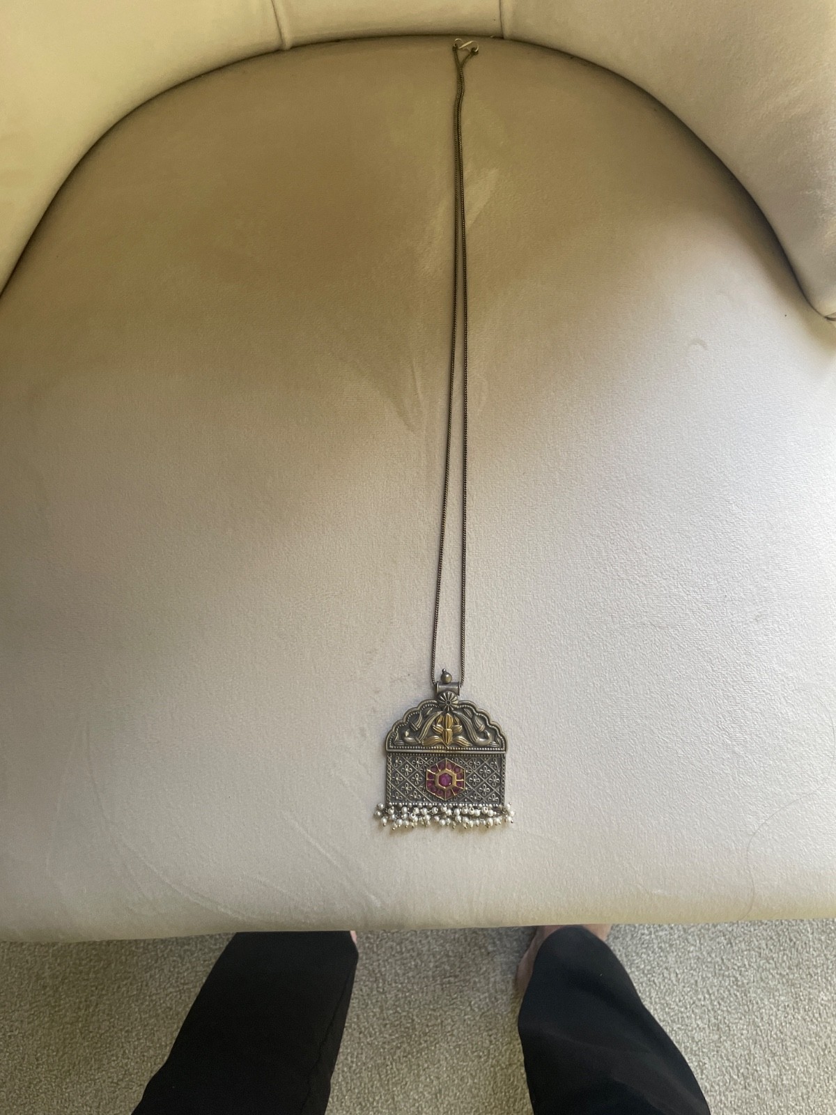 26 inch long Egyptian necklace with pink stones and pearls
