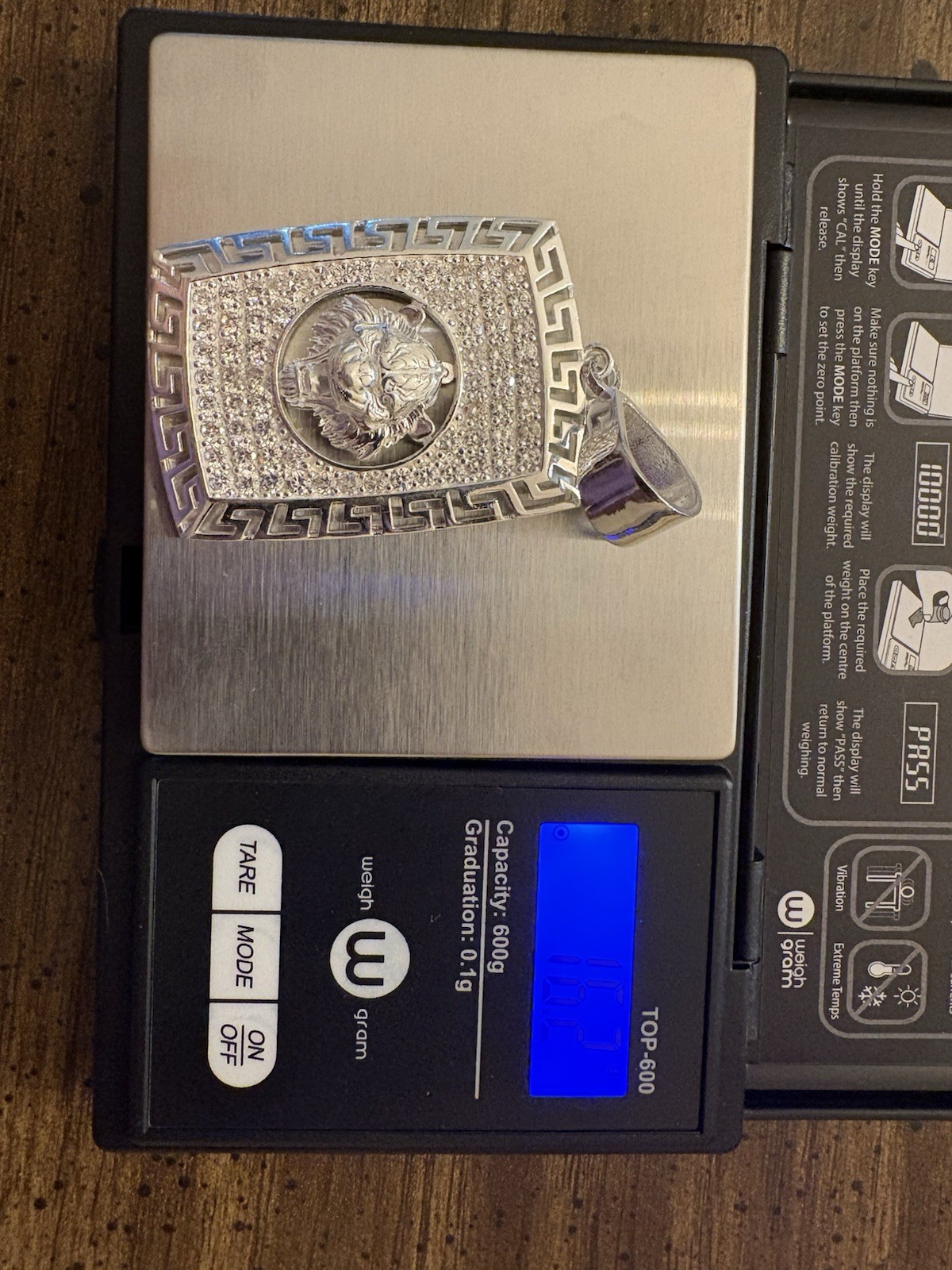 Silver Tone CZ Pavé Rectangle Medusa Lion Head Pendant Greek Key Hip Hop