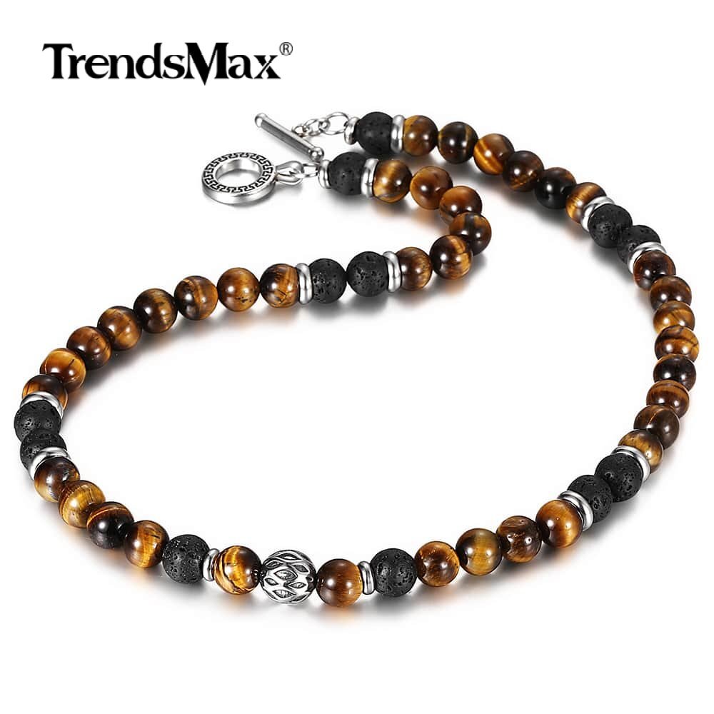 8mm Natural Tiger’s Eye Jasper Lava Beads Choker Necklace Men Women Gift 18inch