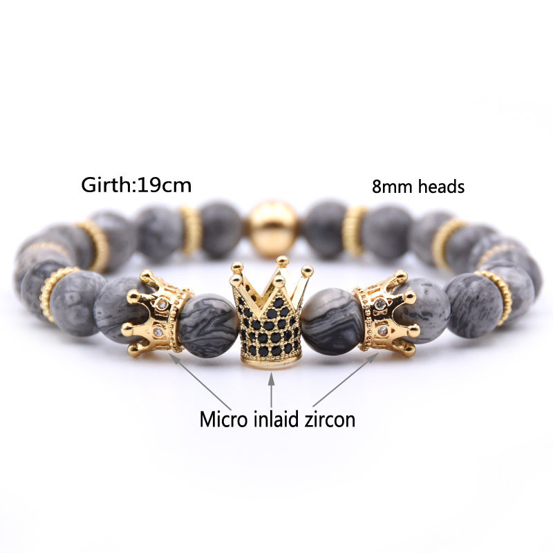 8mm Double Crown King Charm Bracelets Men Women Black Matte Onyx Stone Beads