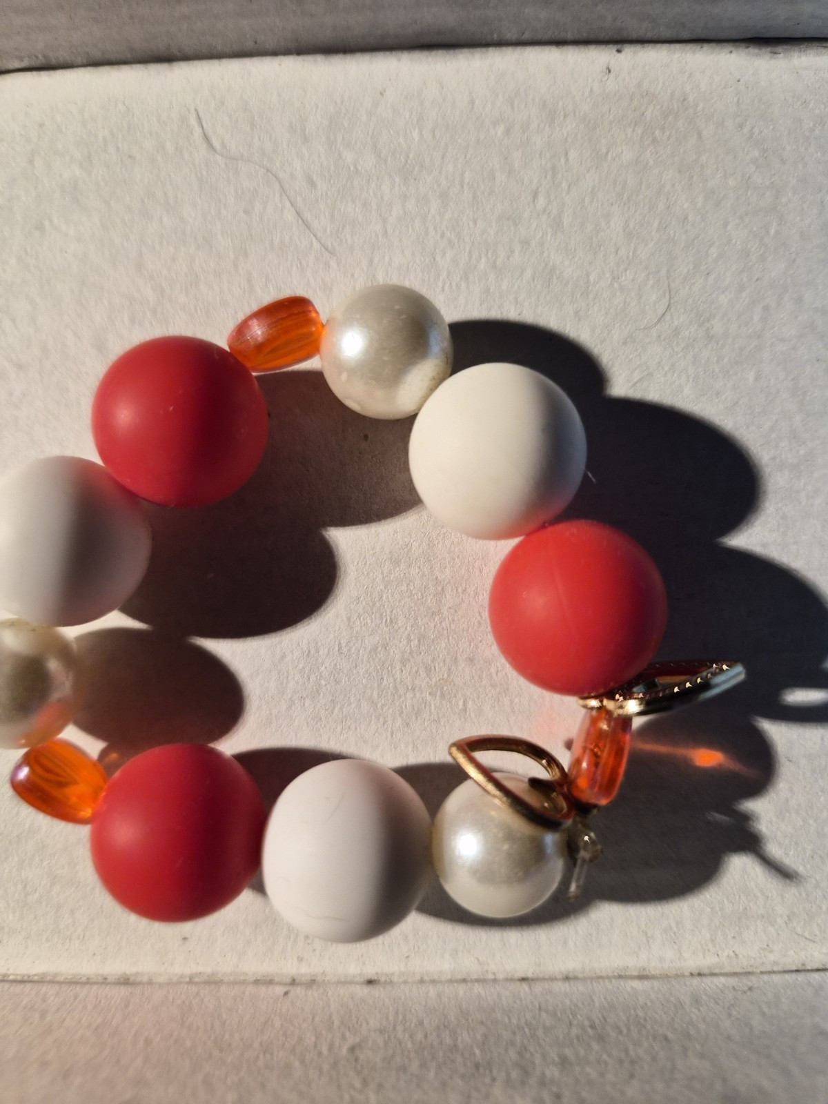 Red White Beaded Stretch Bracelet, Round Faux Pearl Beads with Charm