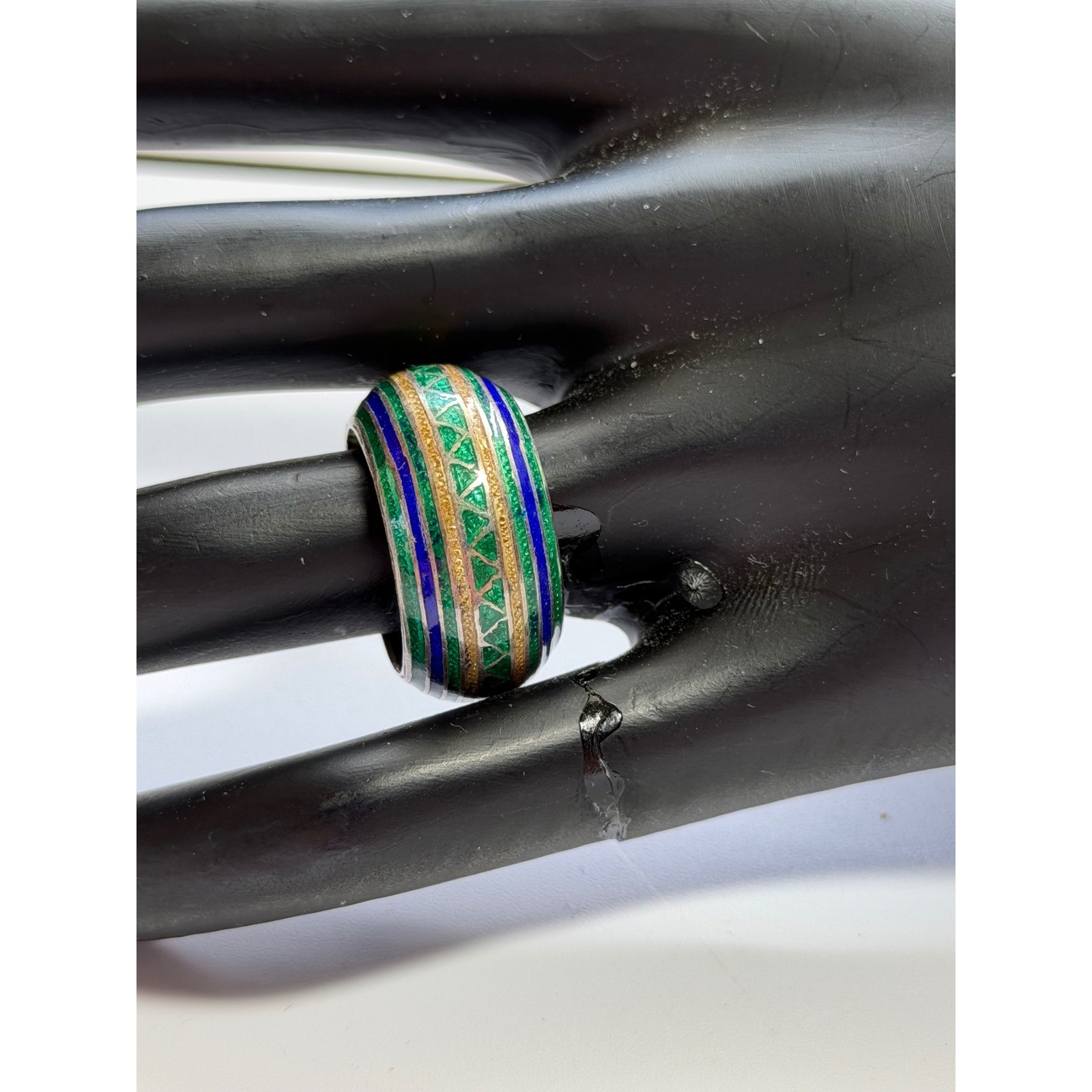 Silver 925 Sterling Silver Enamel Dome Band Ring Green Blue Gold Size 8