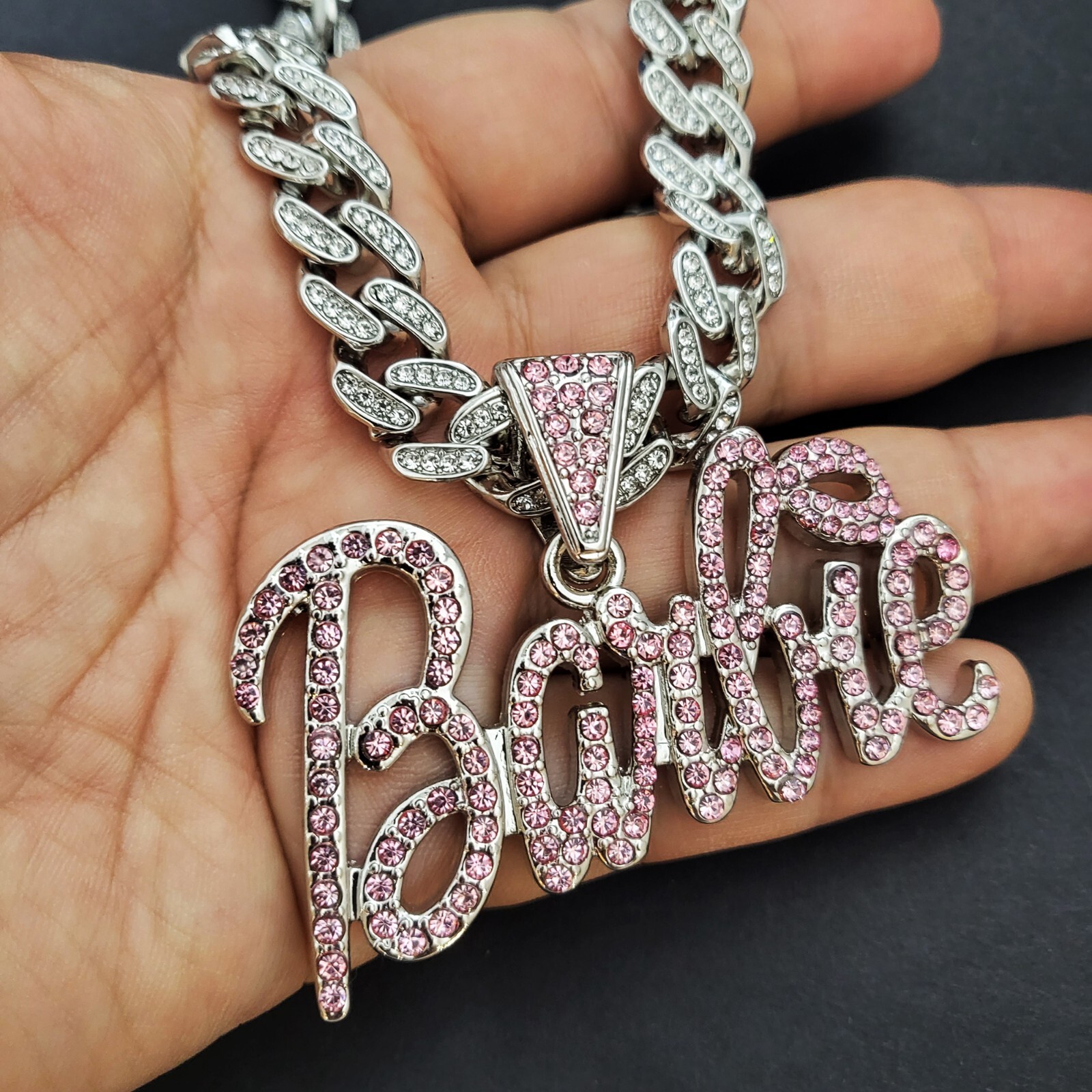 Women Silver Plated Pink Barbie Charm & Iced Cubic Zirconia Cuban Chain Necklace