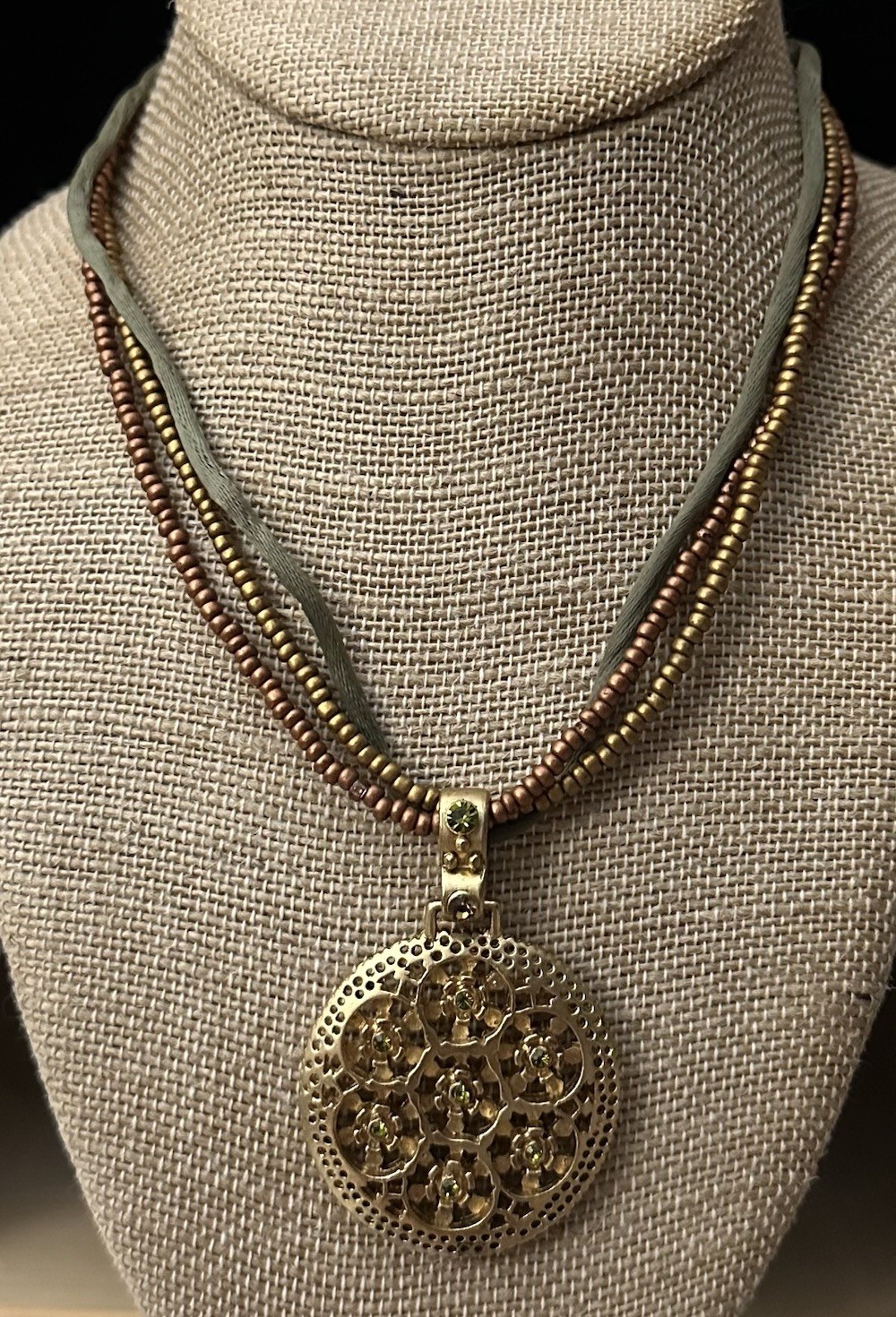 Premier Designs Necklace Triple Strand “Bamboo” Pendant Green Rhinestones