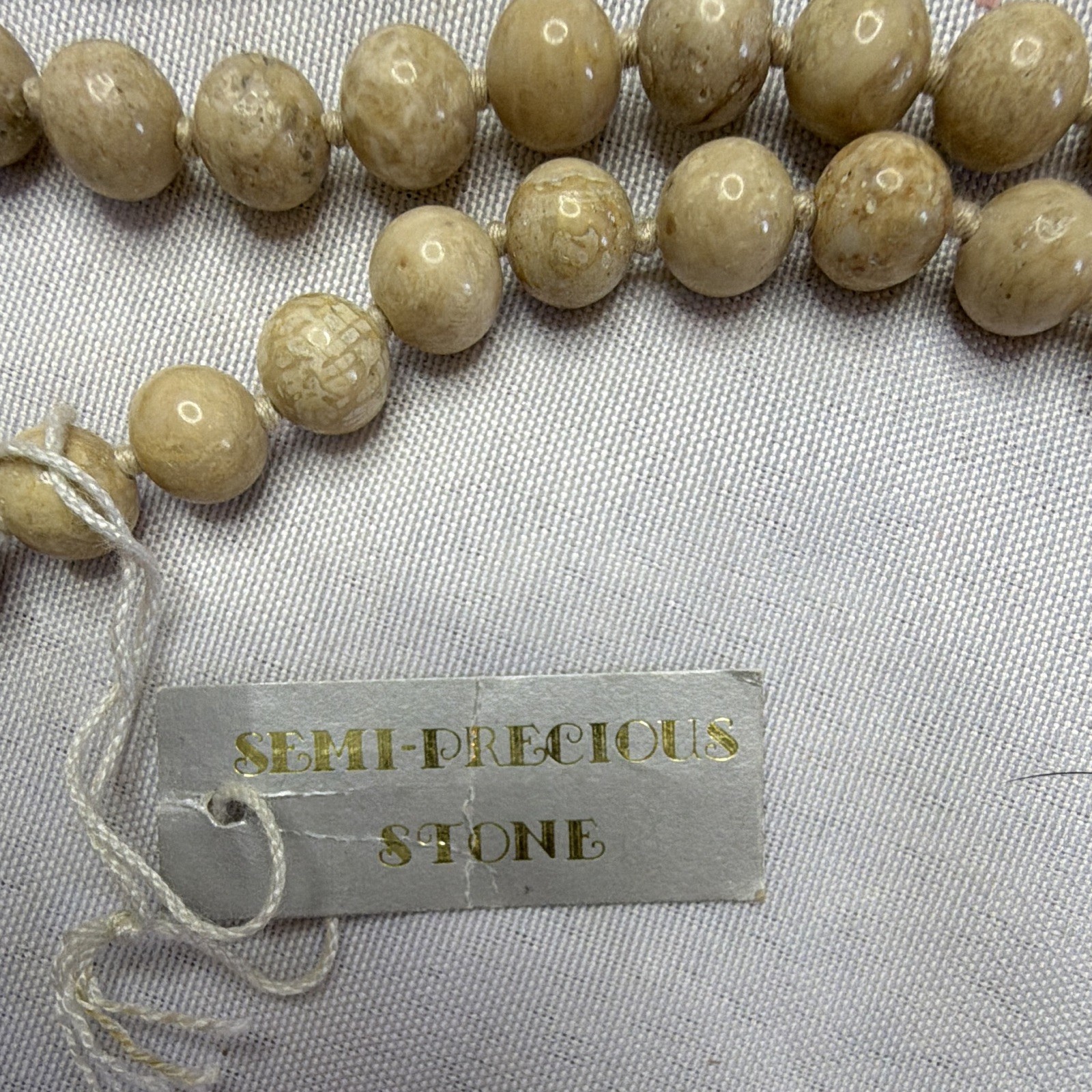 Riverstone Semi Precious Stone Bead Necklace Beige Tan Round Natural Stone 18”