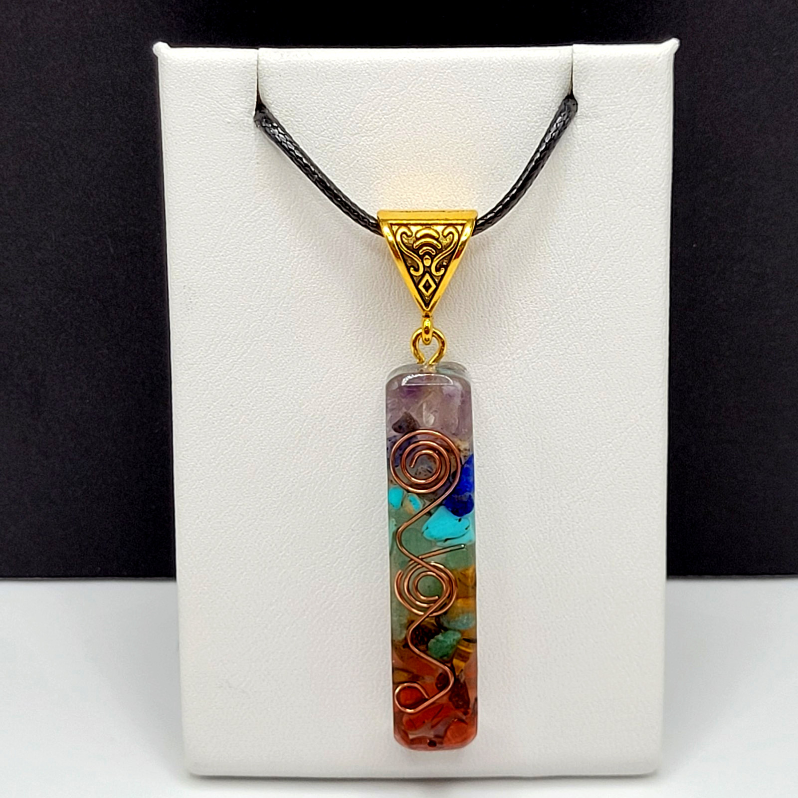Modern Stone Chip Chakra Healing Meditation Pendant Faux Leather Cord Necklace