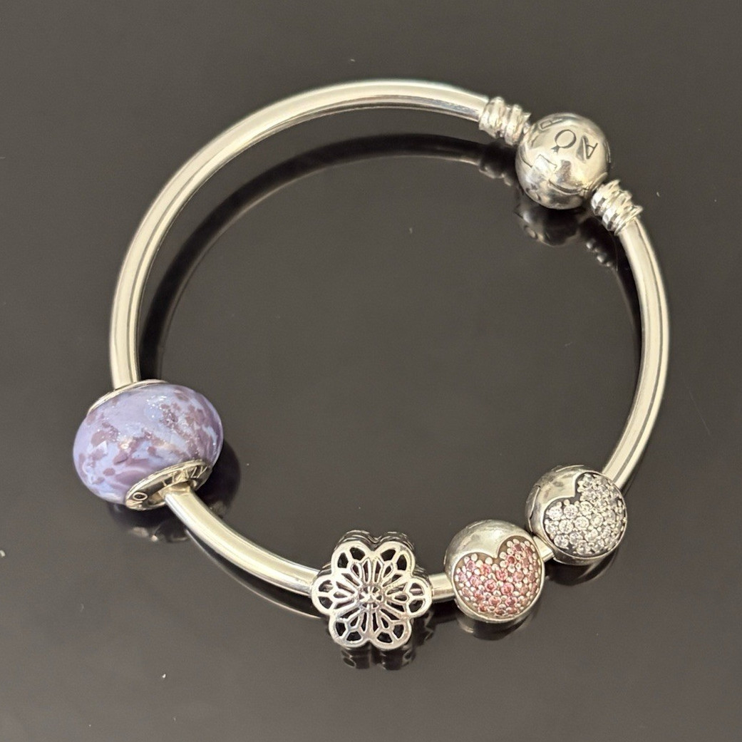 Pandora Sterling Silver Bangle Bracelet w Murano Glass & Charms 925 ALE