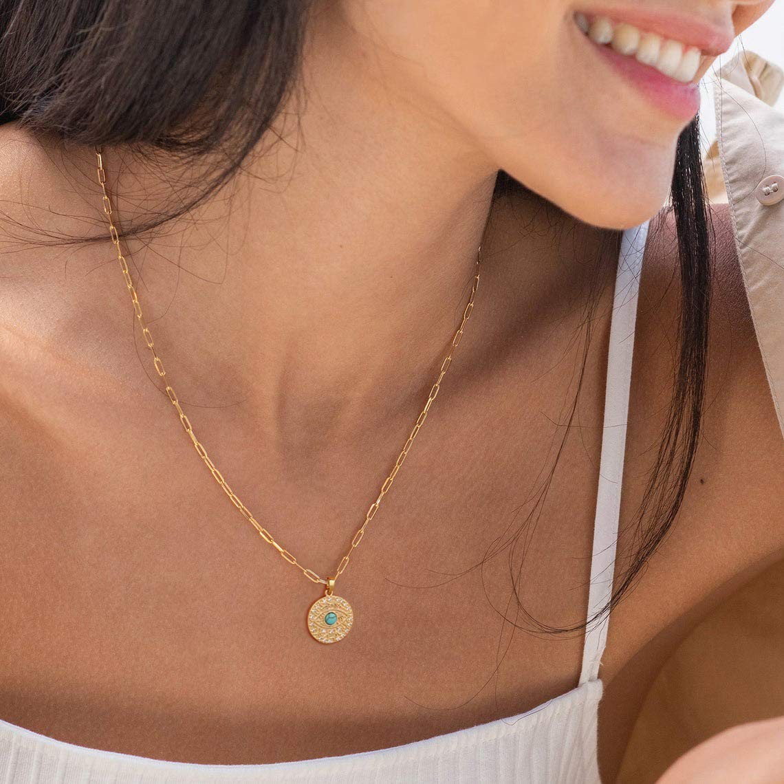 Aobei 18 inches (chain length), 18mm (pendant size), 18K Gold Plated Evil Eye