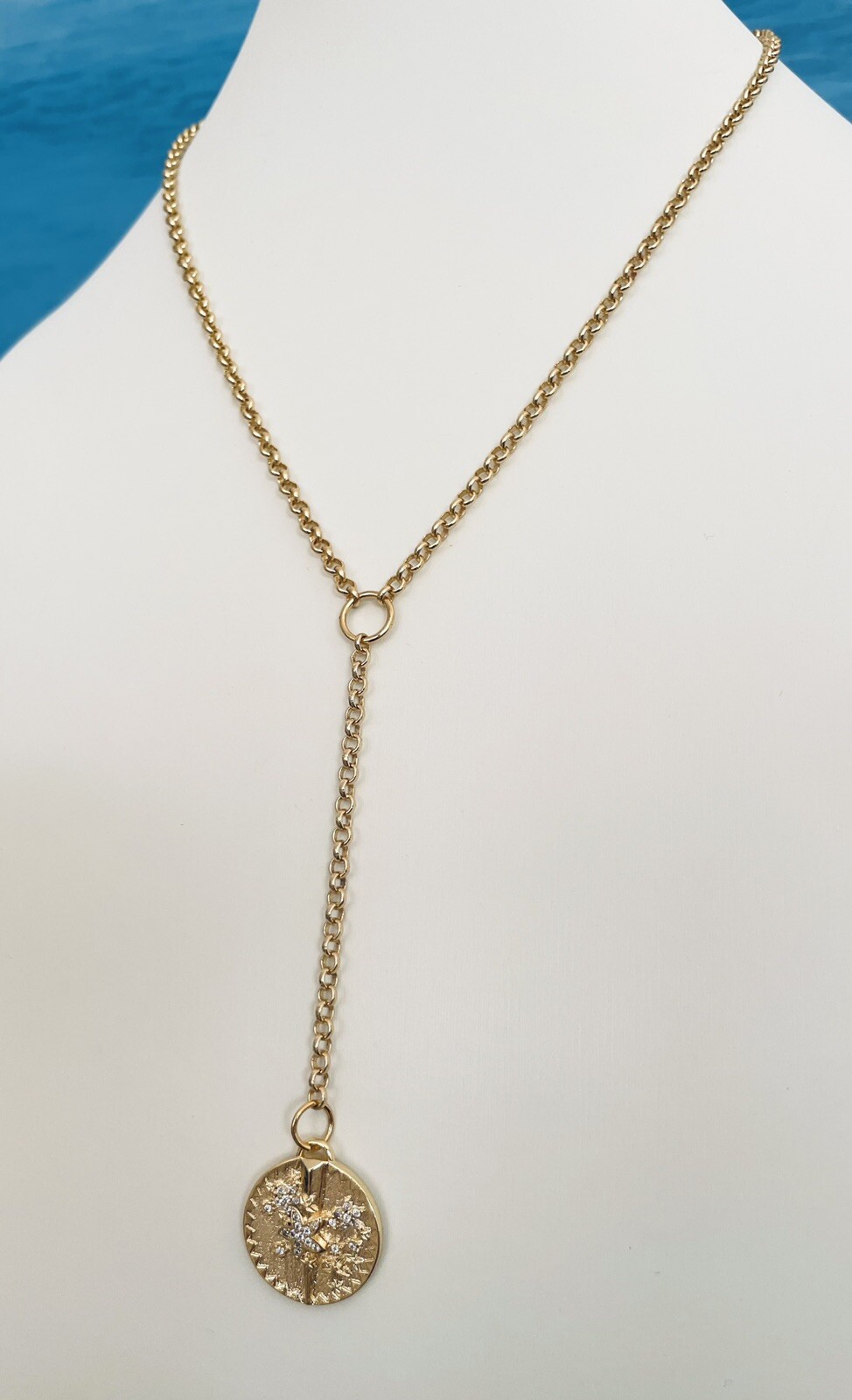 Belcher Rolo Chain Blossom Pave Star Pendant Necklace Lariat Medallion Charm