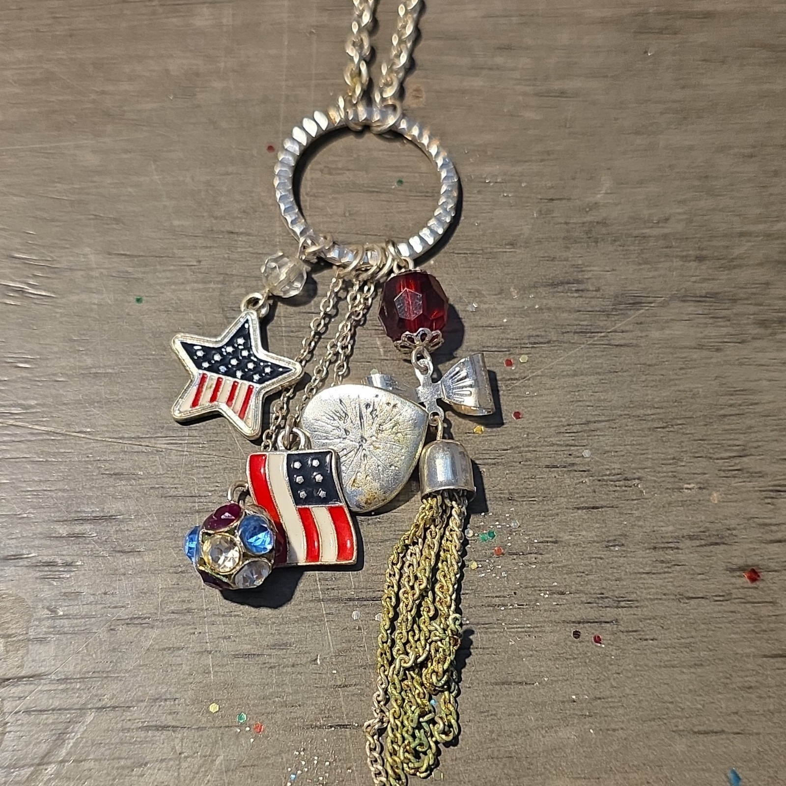 Silver Tone Patriotic Flag Star Tassel Crystal Charm Pendant Necklace Adjustable