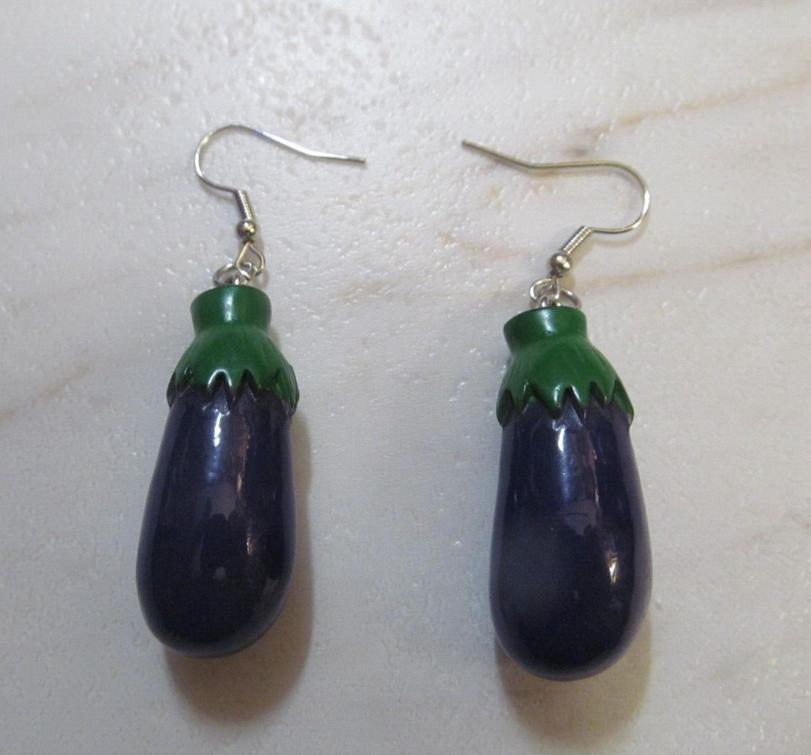 1 1/4″ long Resin 3D Eggplant Egg Plant Pierced Earrings Stainless Steel ~ Emoji