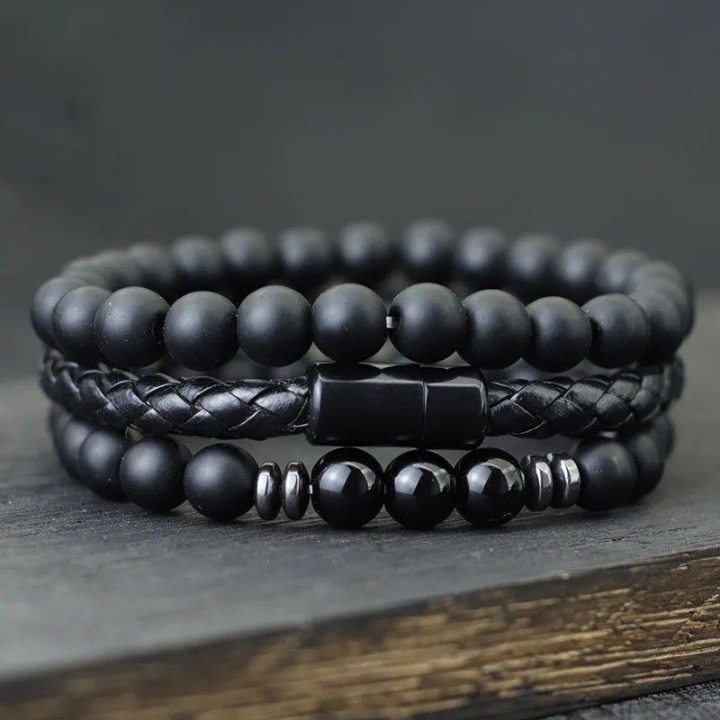 3pcs Men Bracelet Set Leather & 8mm Onyx Tiger Eye Stone Magnetic Clasp