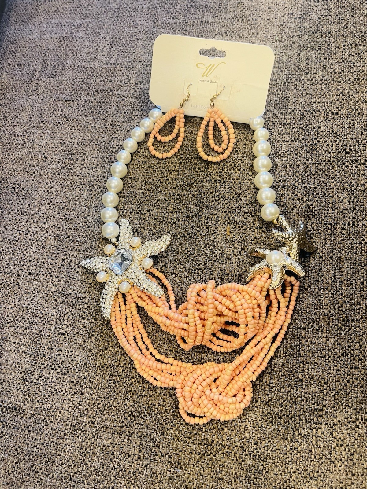 Statement Peach Beaded Necklace & Earring Set with Pearl Accents