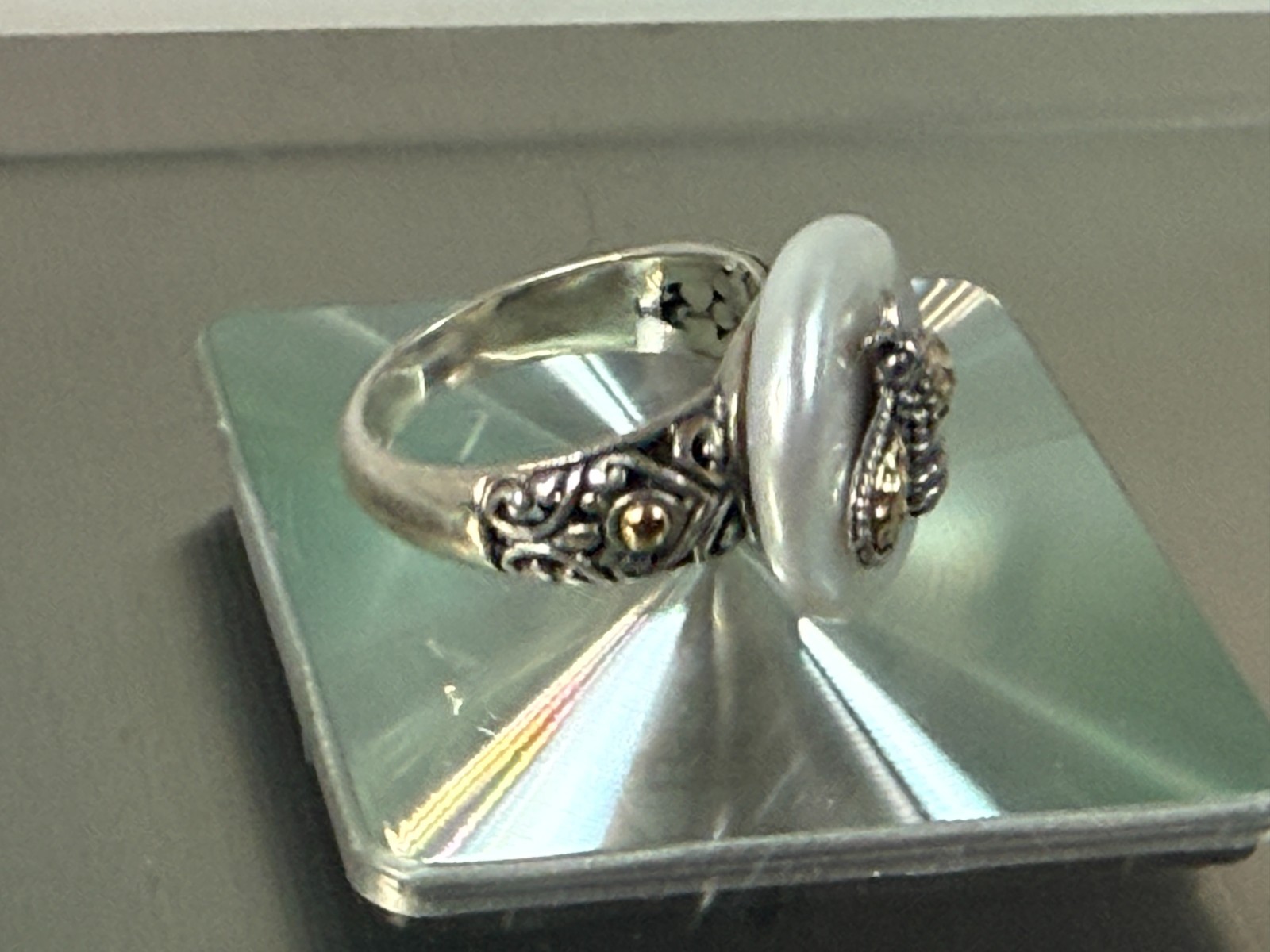 Artisan Silver 18K Gold Accented Cultured Pearl Bee Samuel B. collection, Ring 7