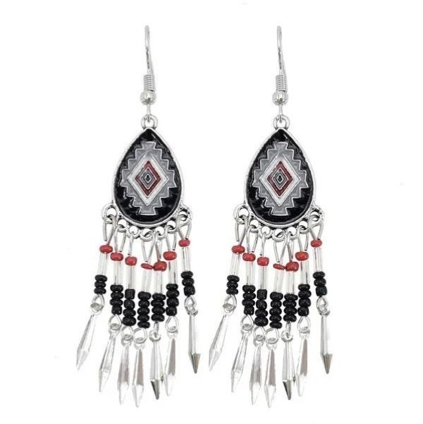 Black & Silver Boho Bead and Tassle Dangle Earrings, Bohemian, Stylish, Fun