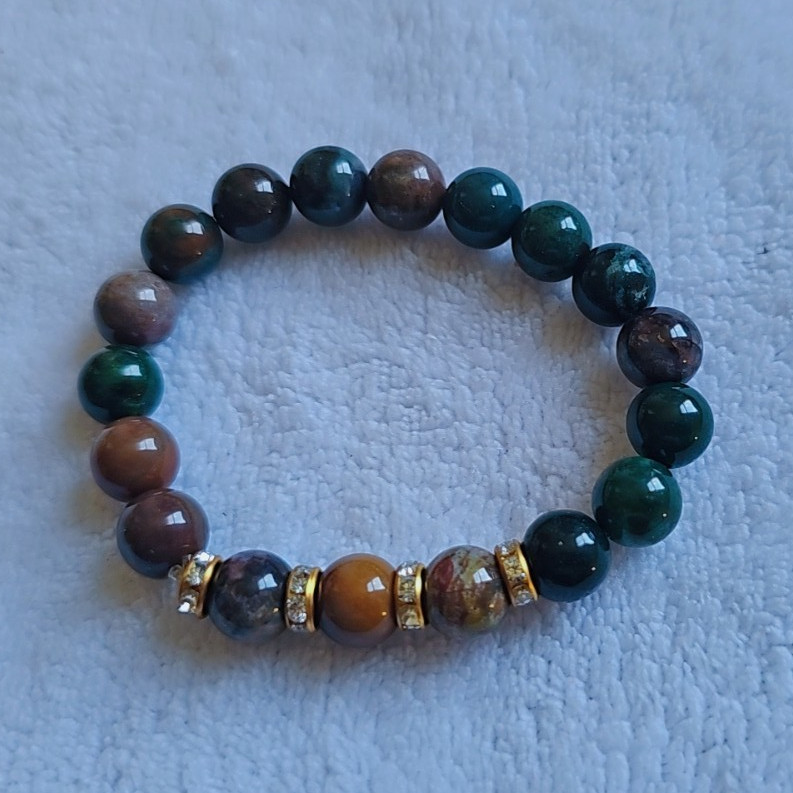 Green & Brown Round Stone Beaded Stretch Bracelet, Sizable, Beaded Style