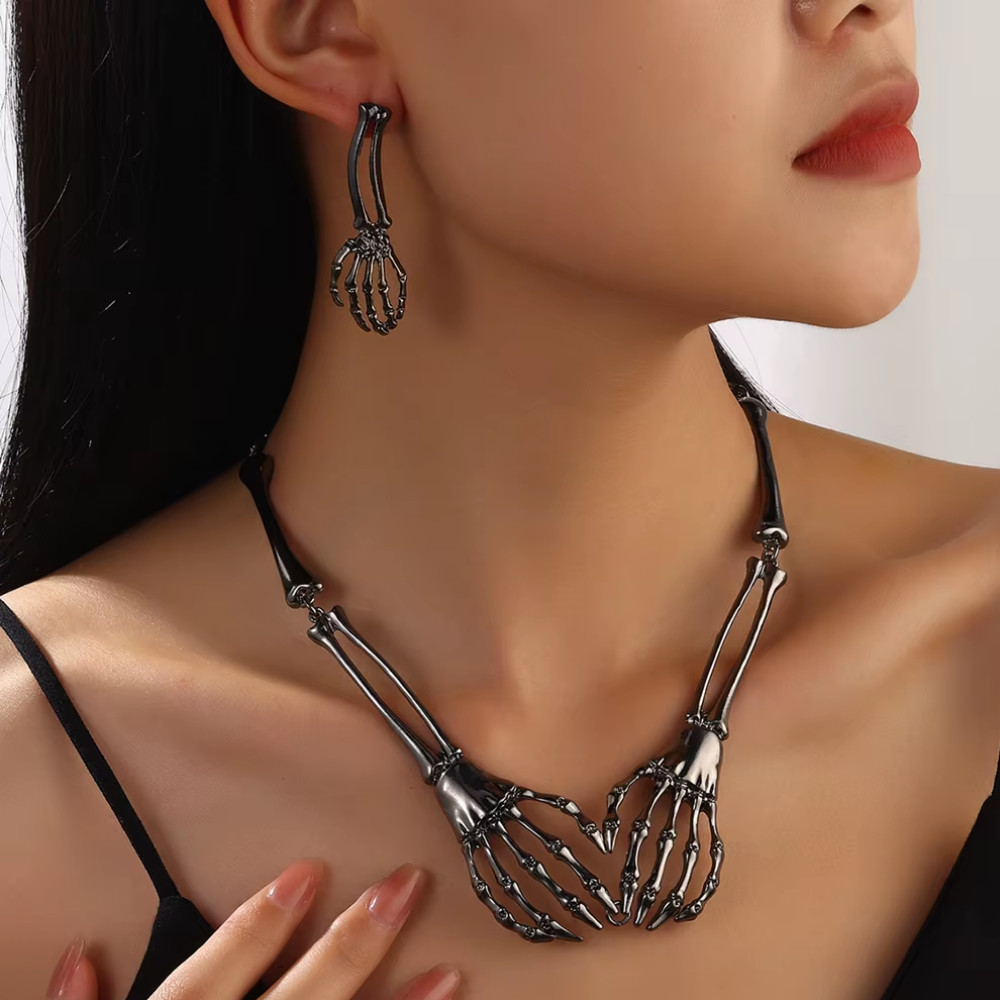 Halloween Skeleton Hand Necklace Earrings Set – Gothic Punk Jewelry for Women