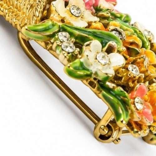 My Fair Lady Vintage Enamel Flower Basket Brooch Gold Tone Rhinestone Boquet Pin