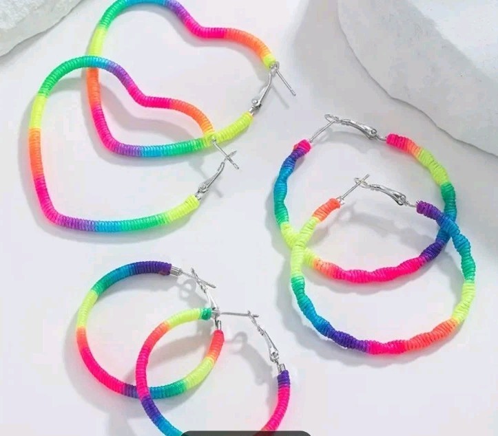 3 Pc. Neon Colored Earrings, Hoops &star Shaped Youth,teens,adults, New!!!