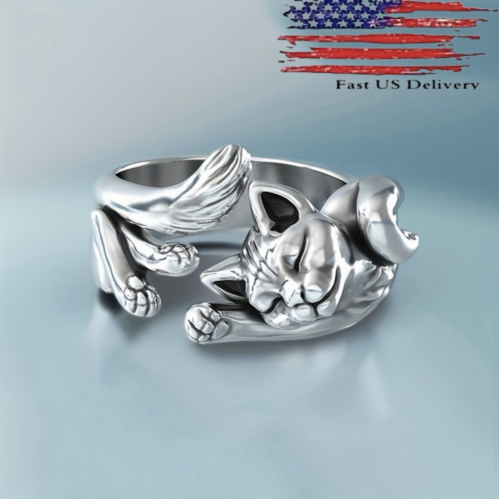 Cat Shaped 925 Silver Plated Ring for Women Party Jewelry US Size 5-11. A88