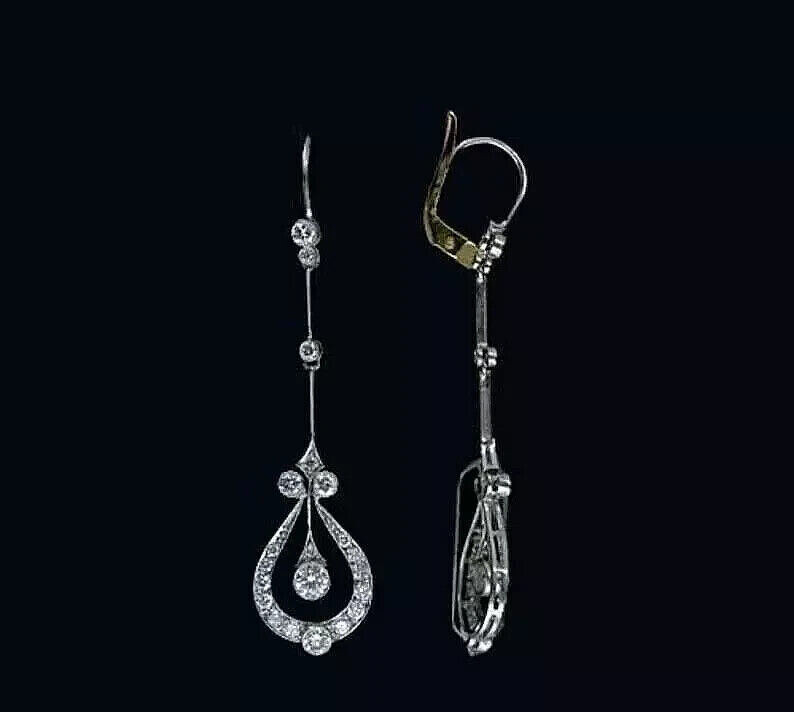 Unique Long Drop Dangle Earrings 10K White Gold 2.4 Ct Round Lab Created Diamond